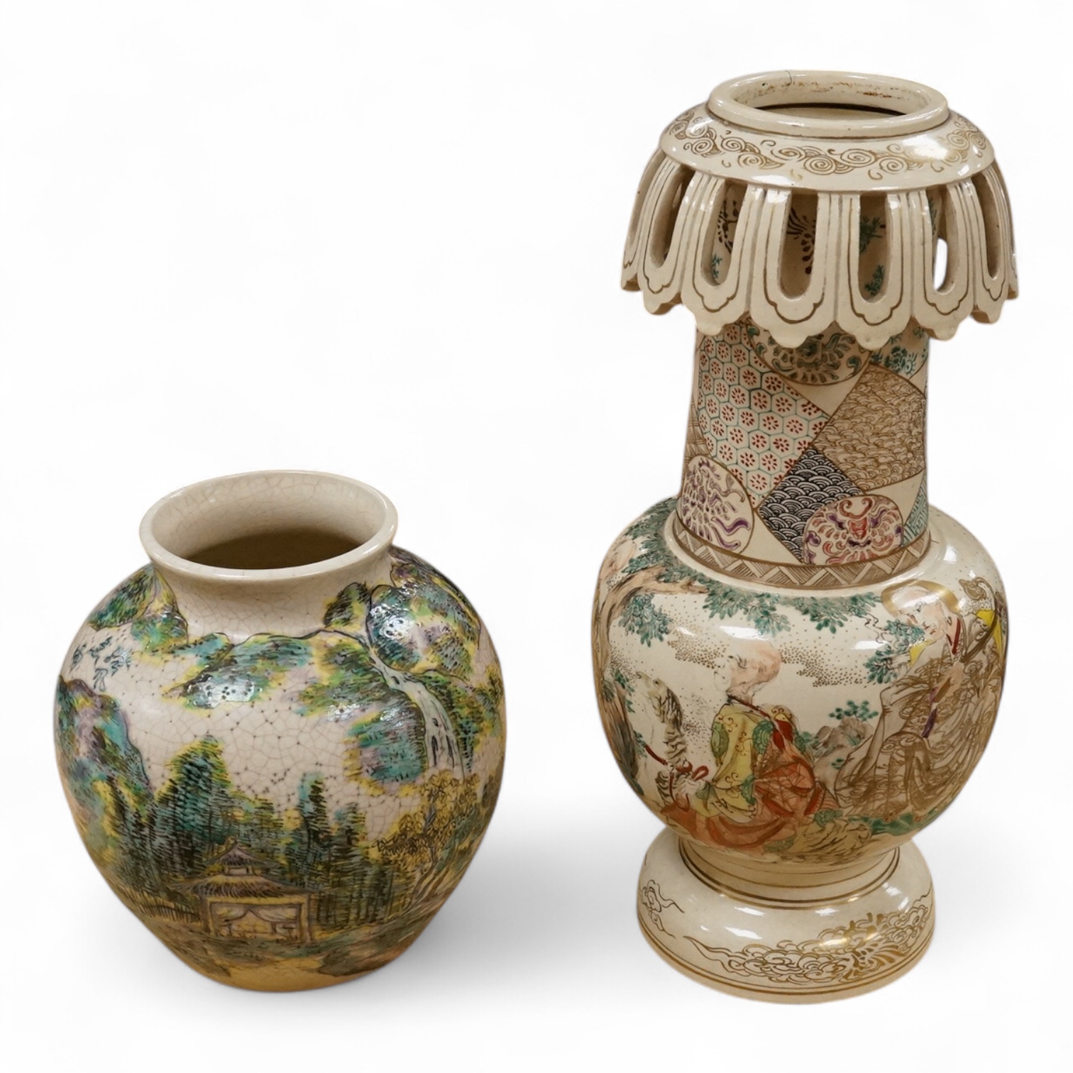 A Japanese satsuma vase and a Japanese earthenware vase, tallest 34.5cm